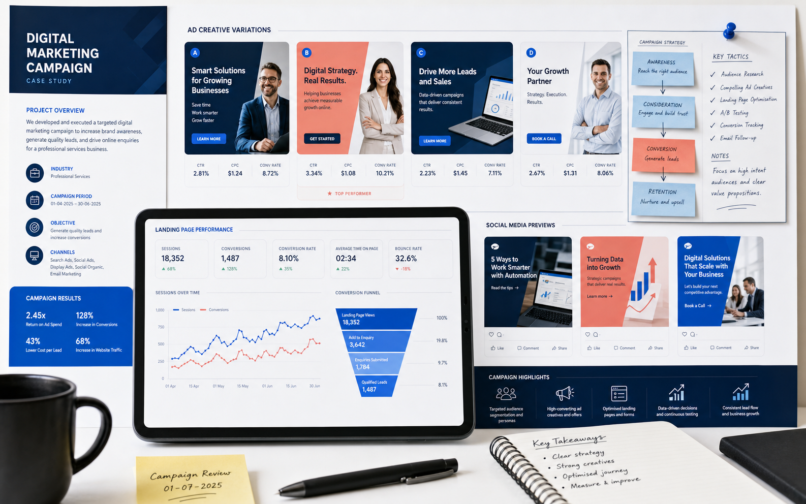 Digital marketing campaign dashboard and planning materials